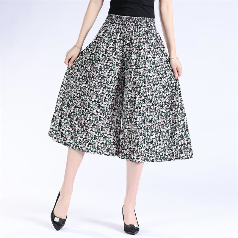 Women's High Elastic Waist Pleated Chiffon Wide Leg Culottes