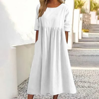 Women's Casual Basic Outdoor Crew Neck Pocket Smocked Cotton Dress