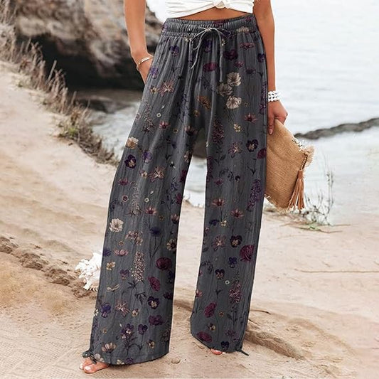 Women's  Floral Art Printed Cotton And Linen Casual Pants